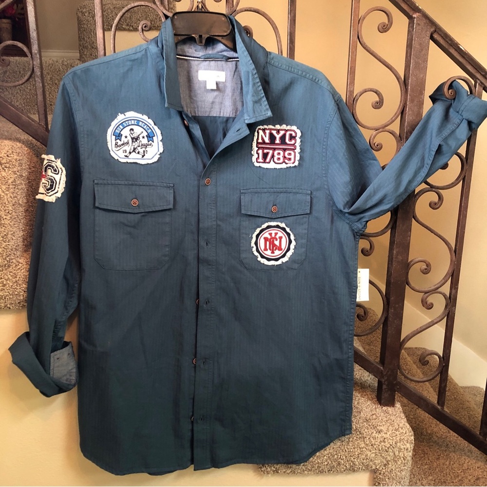 NWT Sun + Stone Men's Blue Patchwork (NYC/Baseball) Button Up  Shirt Jacket SZ L